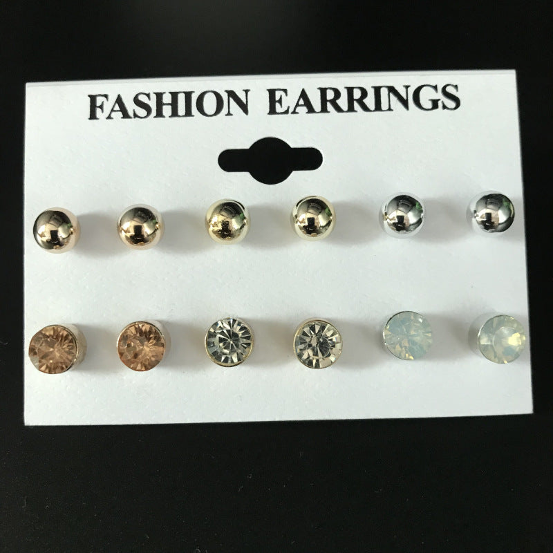 Pairs Combination Scale Grain Earings Round Colorful Rhinestone Gem Opal Stud Earrings