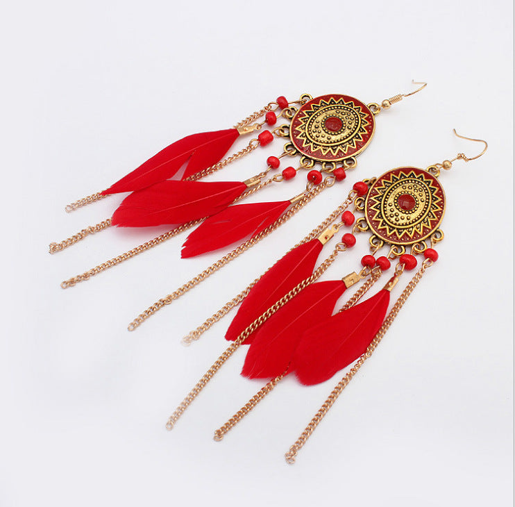 Bead Feather Chain Tassel Long Bohemian Earrings