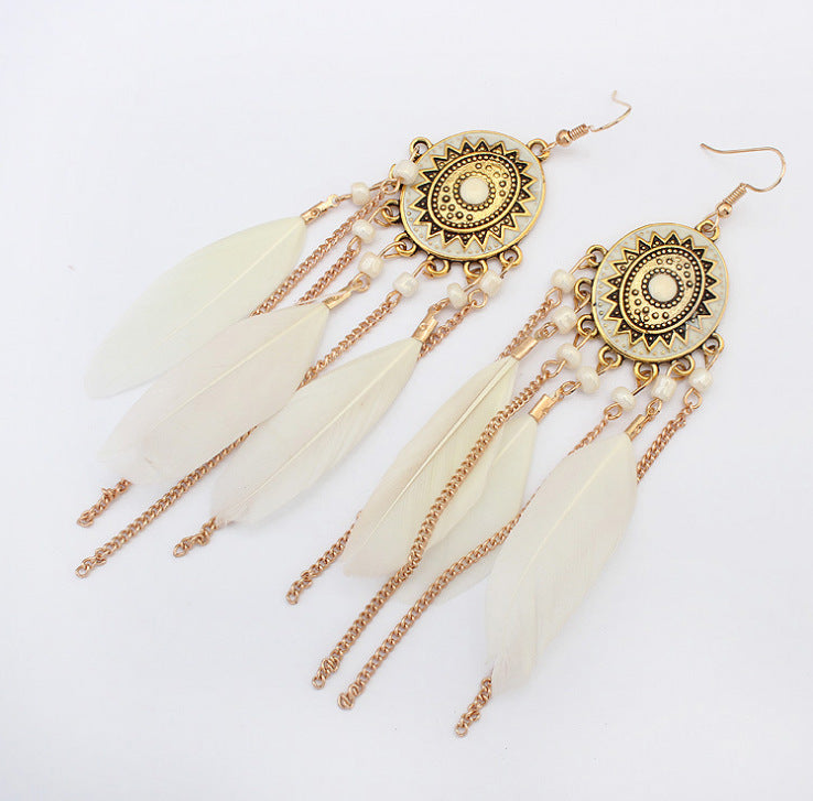 Bead Feather Chain Tassel Long Bohemian Earrings