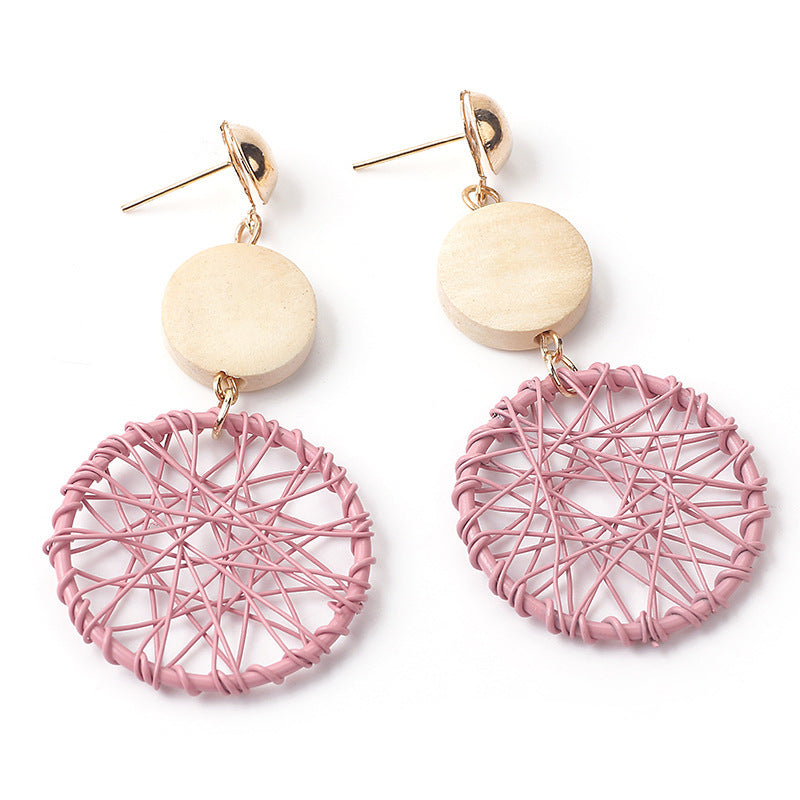 Long Wooden Tassel Retro Creative Hollow Geometric Winding Dream Catcher Earrings