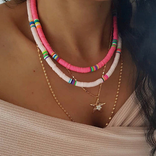 Style Handmade Beaded Polymer Clay Female Twin Color Soft Necklaces