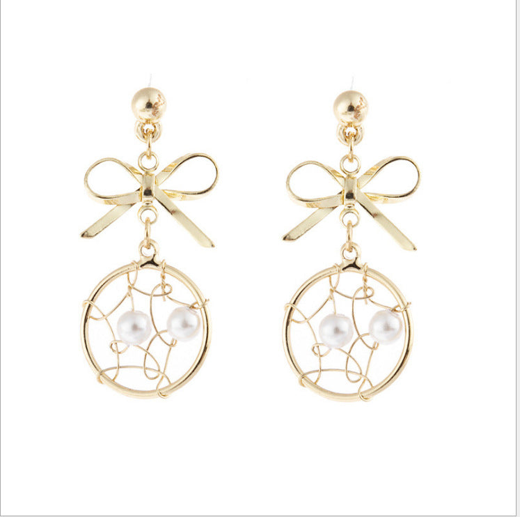 Sier Needle Dream Catcher Super Fairy Temperament Bow Earrings