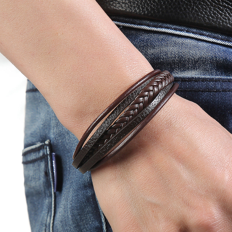 Men's Cowhide String Woven Alloy Magnetic Snap Bracelets