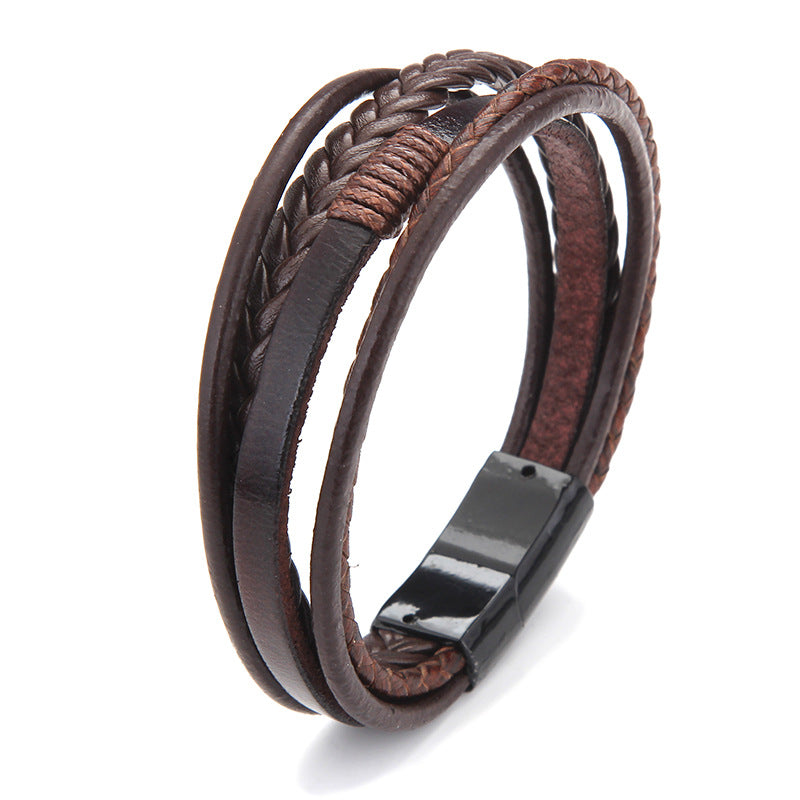 Men's Cowhide String Woven Alloy Magnetic Snap Bracelets
