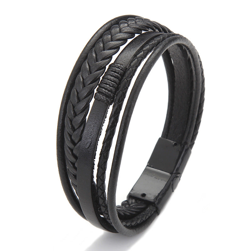 Men's Cowhide String Woven Alloy Magnetic Snap Bracelets