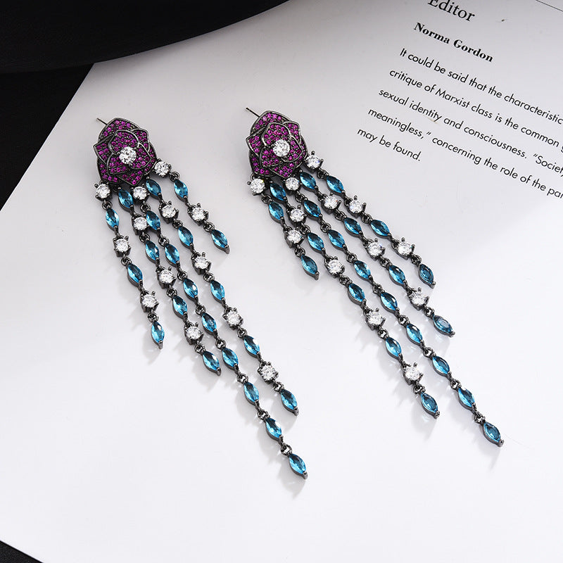 Sier Needle Micro Inlaid Zircon Rose Earrings