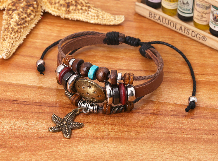 Men's Cattle Leather Vintage Beaded Starfish Pendants