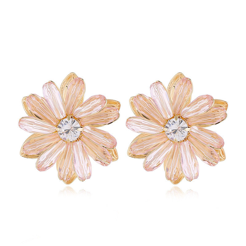 Daisy Crystal Flower Female Brown Petals Korean Earrings