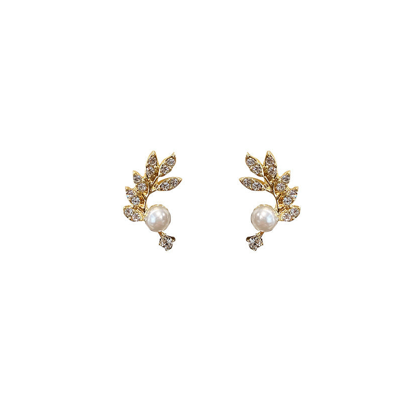 Leaves Full Diamond Pearl Small Zircon Stud Earrings