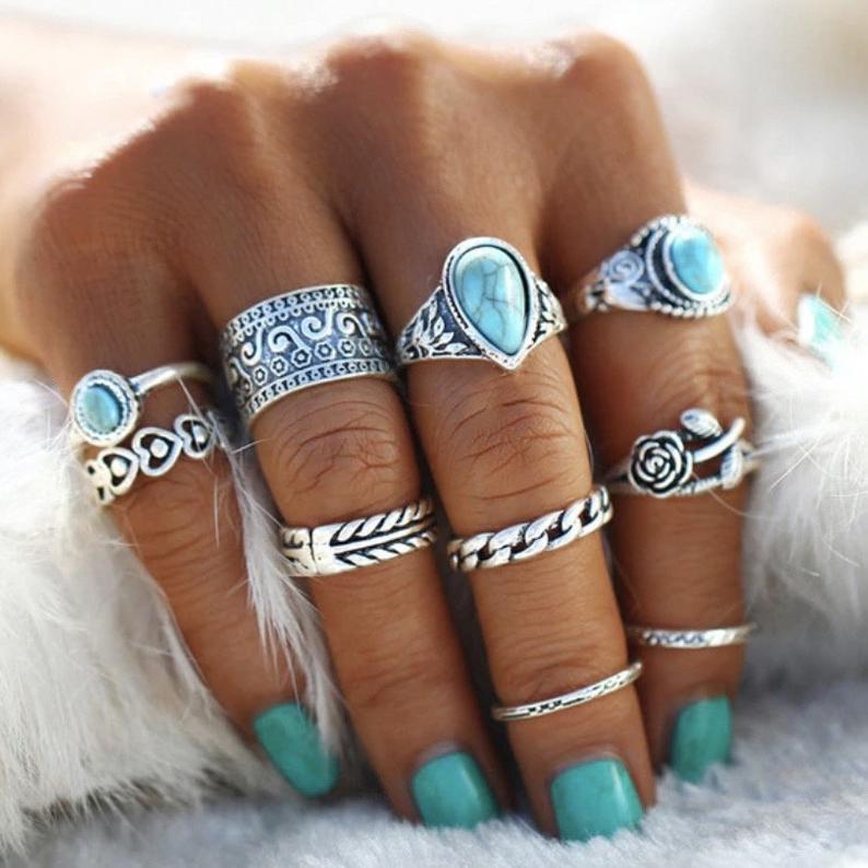 Retro Totem Flower Turquoise Set Joint Rings