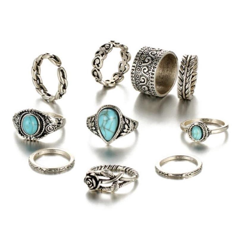 Retro Totem Flower Turquoise Set Joint Rings