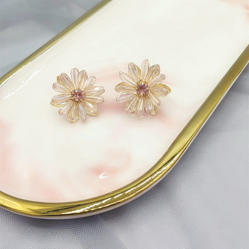 Daisy Crystal Flower Female Brown Petals Korean Earrings