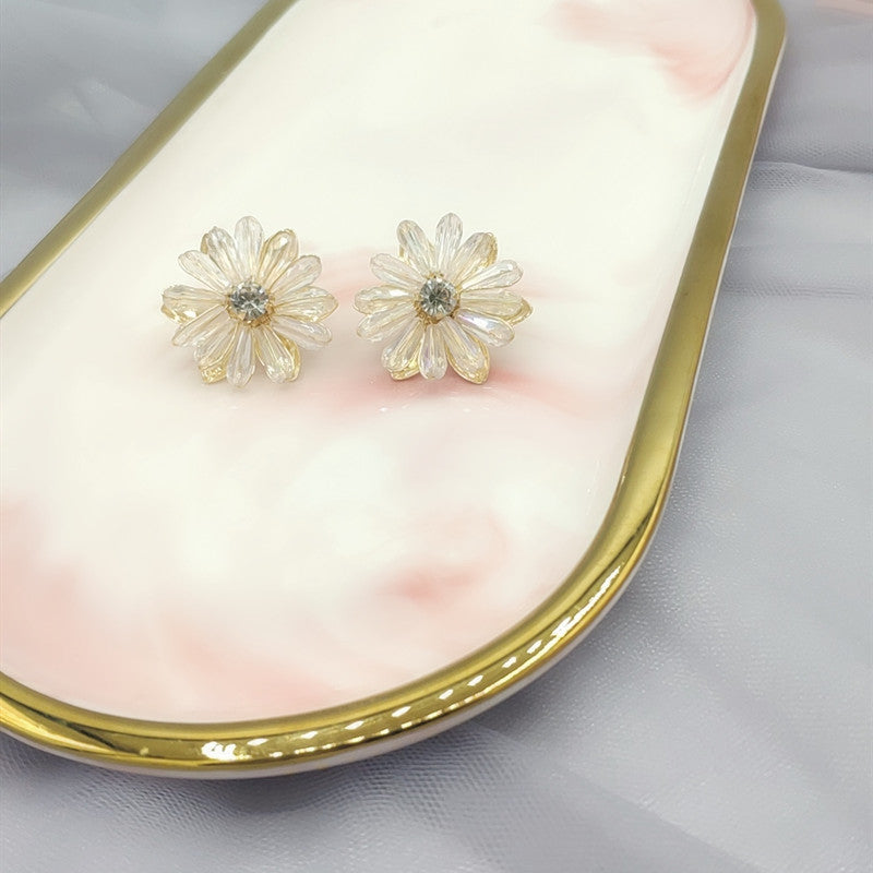 Daisy Crystal Flower Female Brown Petals Korean Earrings