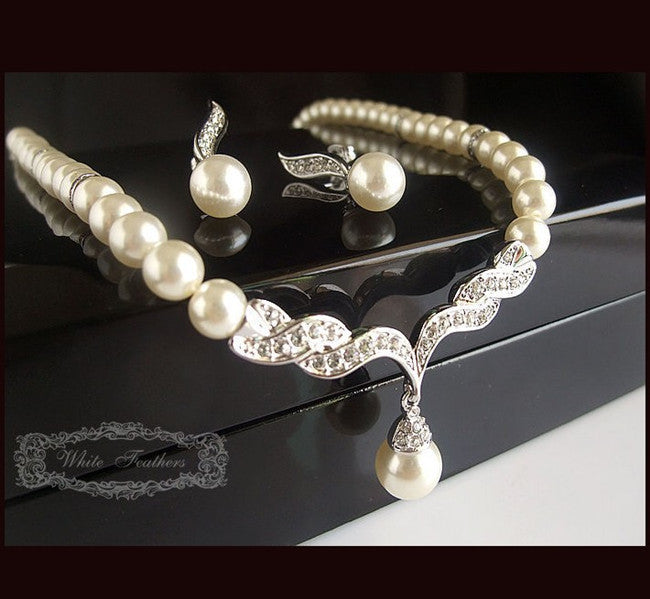 Korean Style Bridal Pearl Diamond Suite Two-piece Jewelry Set