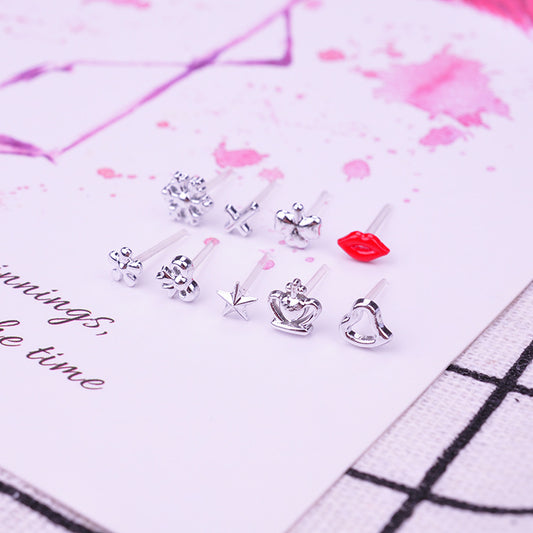 Sier Small Love Heart Female Set Earrings