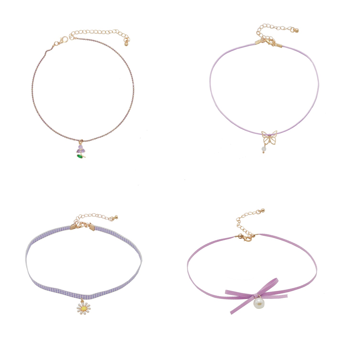 Women's Fairy Style Ornament Purple Floral Ribbon Necklaces
