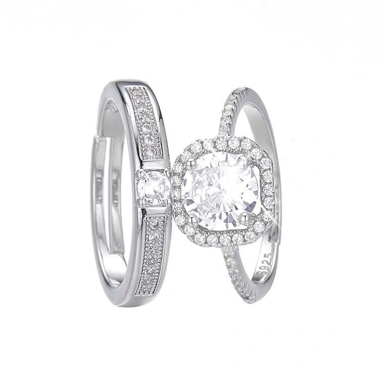 Women's & Men's Couple Open Diamond Wedding Simulation Sier Rings