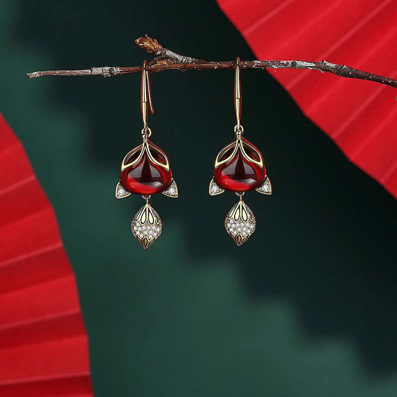 National Style Sier Ear Hook Lucky Fox Red Long Tassel Stud Earrings