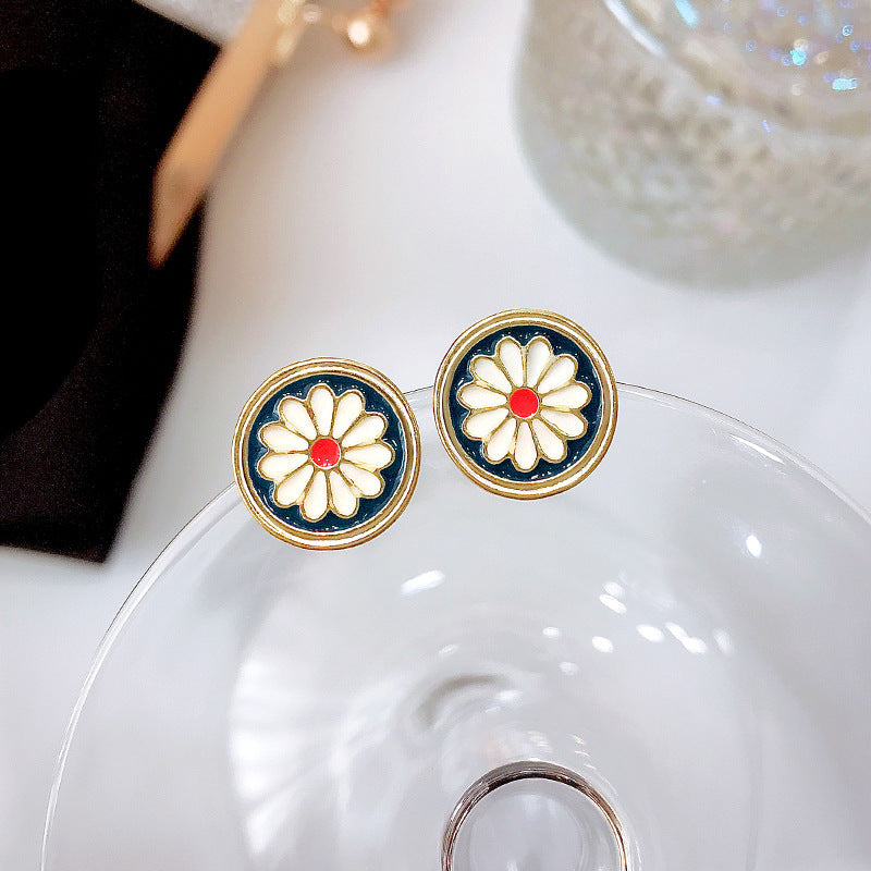 Women's Needle Retro Ink Blue Little Daisy Dignified Earrings