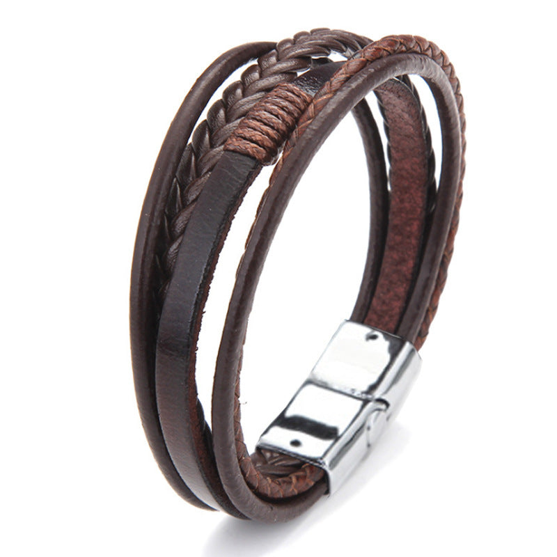 Men's Cowhide String Woven Alloy Magnetic Snap Bracelets