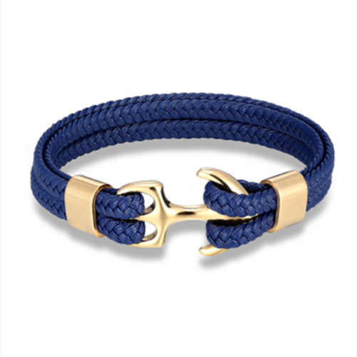 Men's Titanium Steel Black Cowhide Woven Boat Bracelets