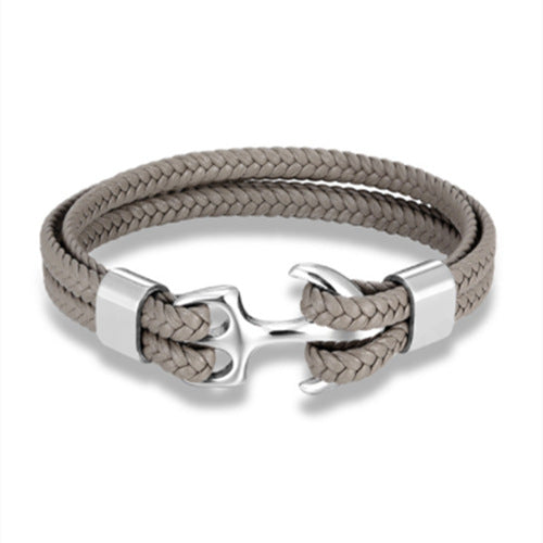 Men's Titanium Steel Black Cowhide Woven Boat Bracelets