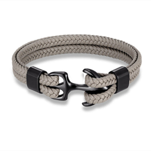 Men's Titanium Steel Black Cowhide Woven Boat Bracelets