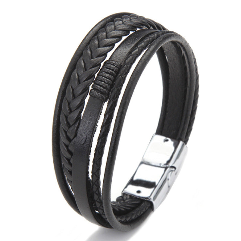 Men's Cowhide String Woven Alloy Magnetic Snap Bracelets