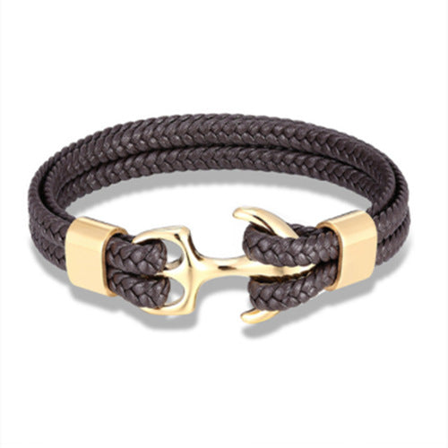 Men's Titanium Steel Black Cowhide Woven Boat Bracelets