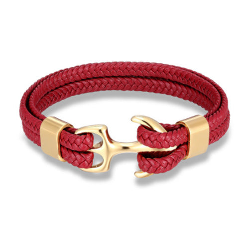 Men's Titanium Steel Black Cowhide Woven Boat Bracelets
