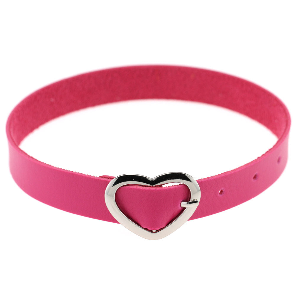Women's Soft Leather Punk Goth Peach Heart Buckle Neck Necklaces