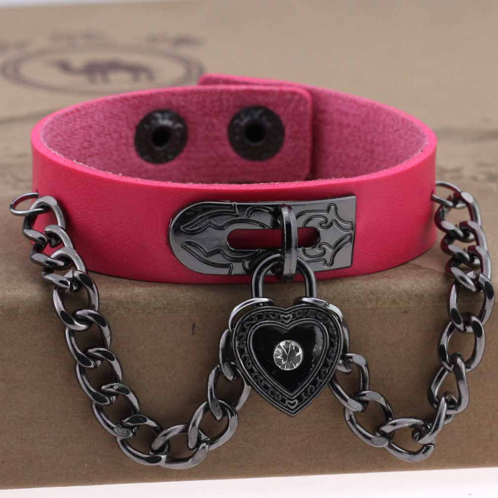 Punk Style Heart-shaped Lock Chain Adjustable Leather Wrist Bracelet