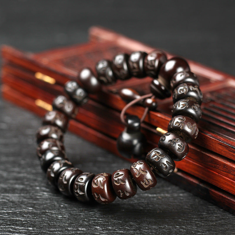Men's Prayer Beads For Carved Six Words Mantra Chinese Block Barrel Bracelet