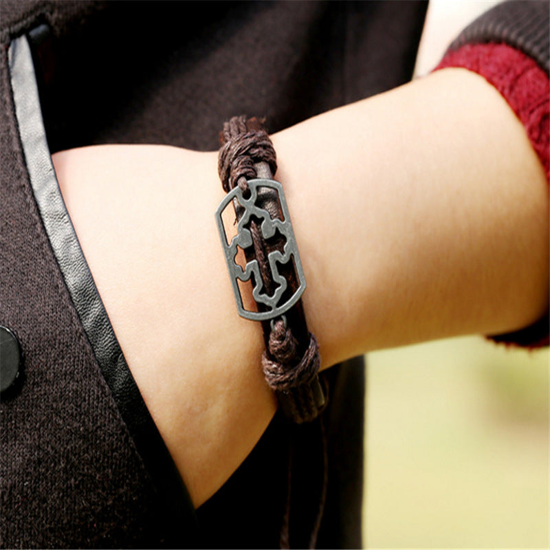 Fashion Woven Leather Hollow Alloy Cattle Bracelet