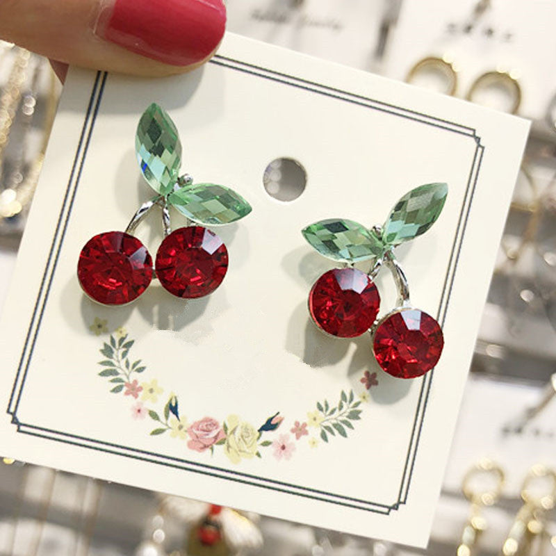 Korean Style Fresh Sweet Red Cherry Sier Leaves Earrings