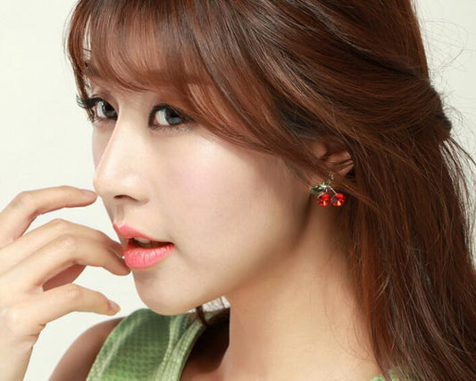 Korean Style Fresh Sweet Red Cherry Sier Leaves Earrings