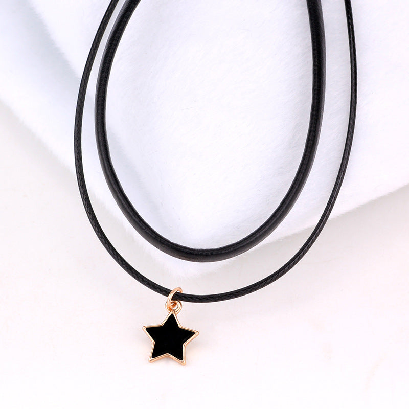 Star Black Leather Rope Gold Clavicle Collar