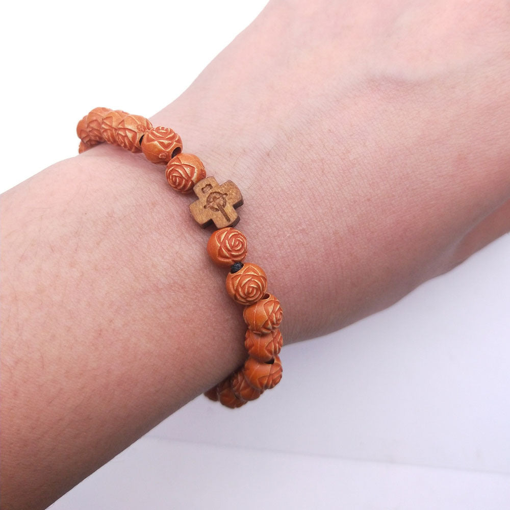 Imitation Wood Rose Beads Beaded Rosary Bracelet
