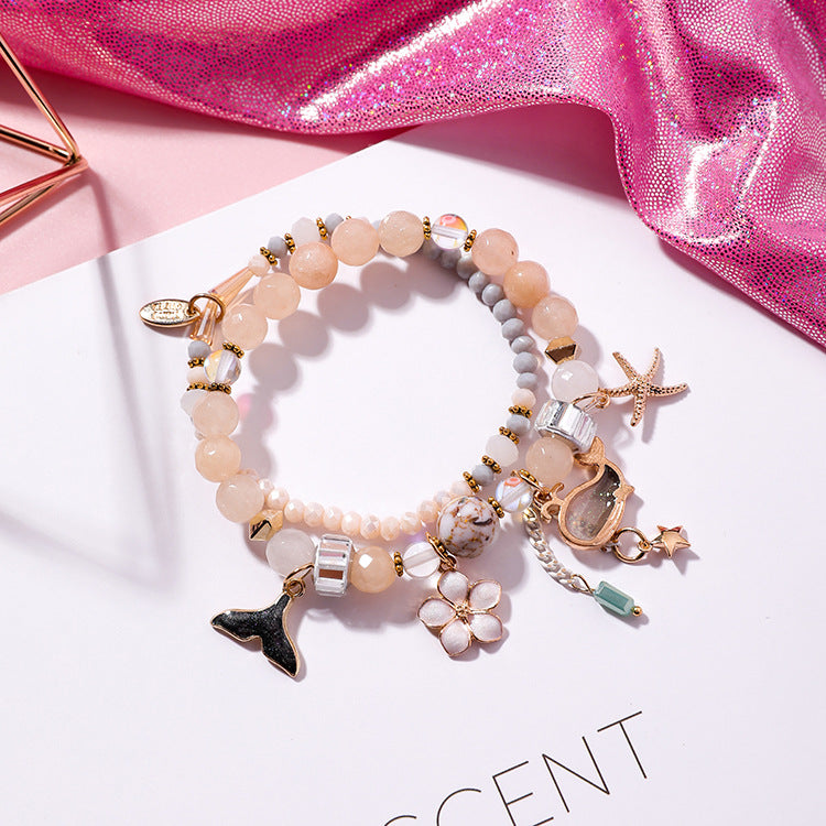 Vacation Style Whale Tail Double Layer Stretch Personality Vintage Flower Bracelet