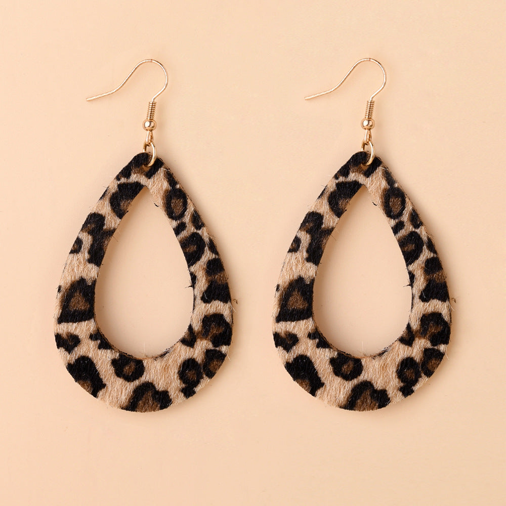 Women's Leather Horse Fur Print Hollow Water Earrings