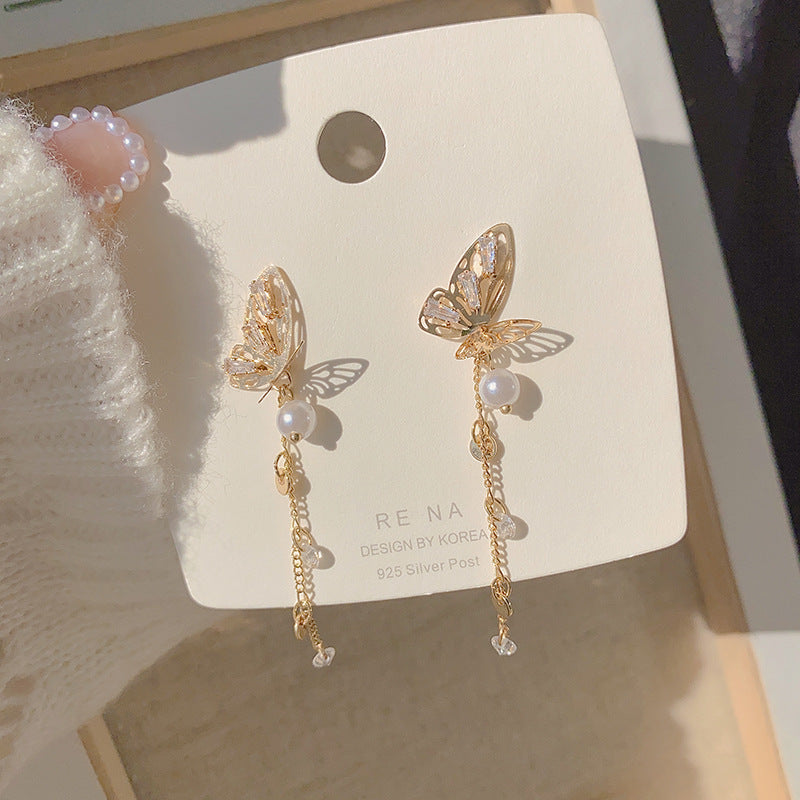 Tassel High-grade Sier Needle Metal Light Luxury Pearl Earrings