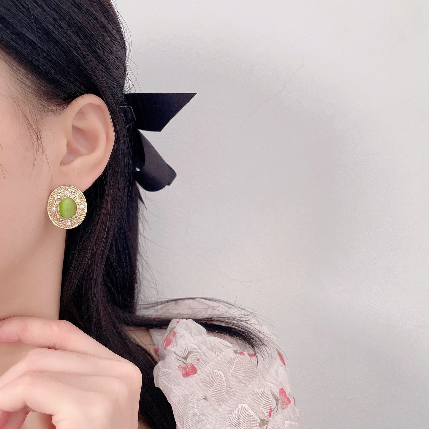 Vintage Court Style Pearl Oval Green Earrings