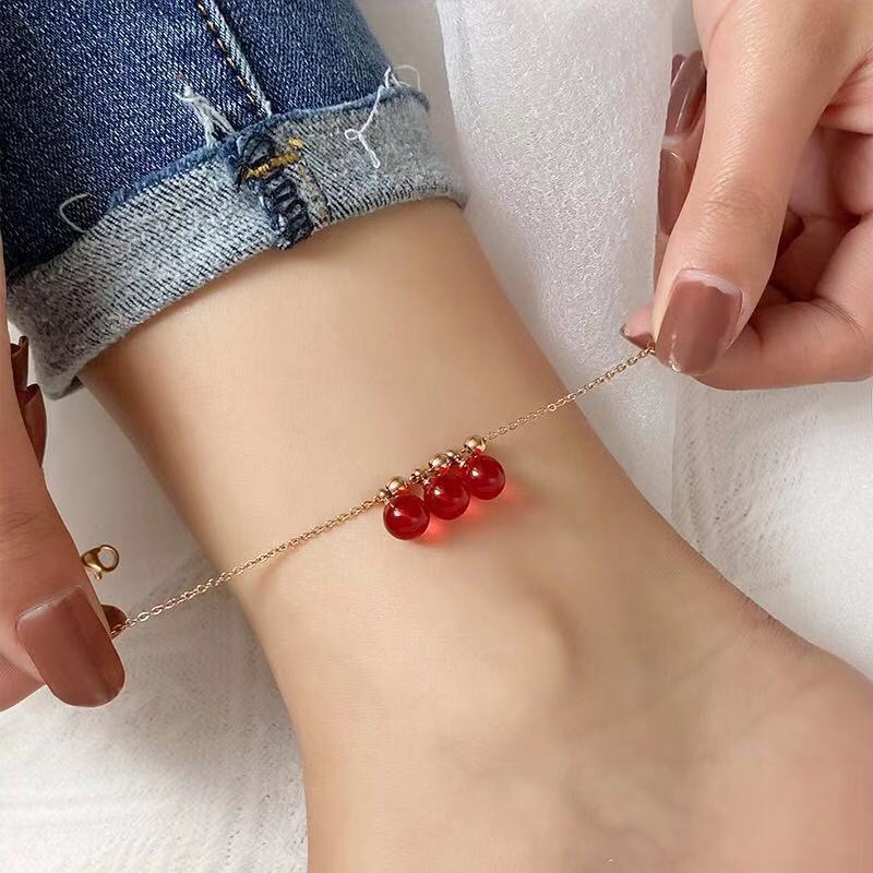 Women's Steel Rose Gold Three Red Beads Simple Bracelet