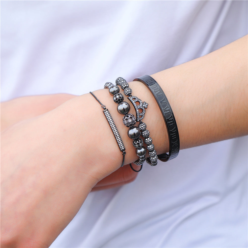 Men's Zircon Double Leopard Head Black Agate Bracelets