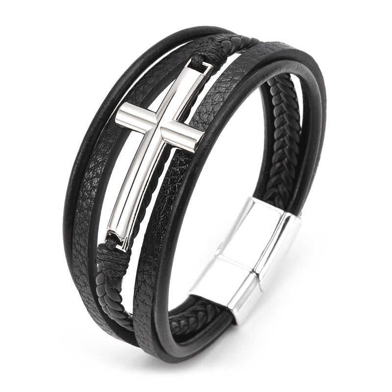 Men's Cross Leather Rope Braided Stainless Steel Bracelets