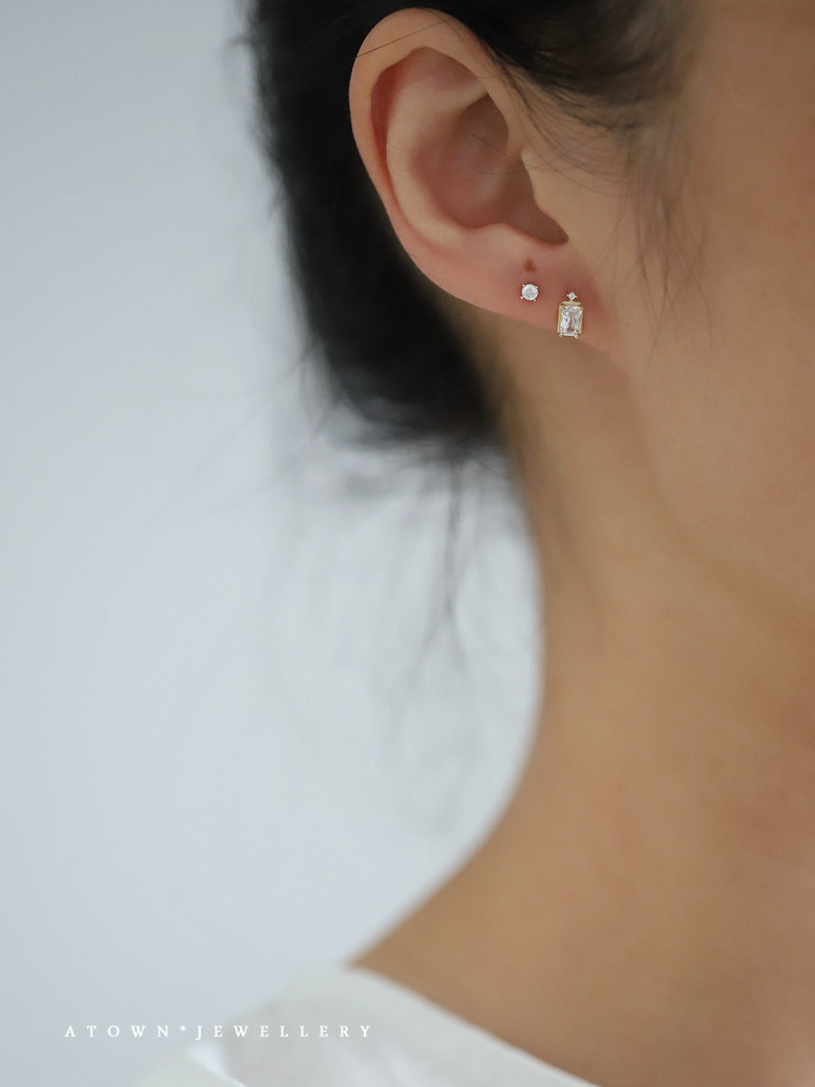 Gold Plated Ear Small Diamond Rectangular Earrings