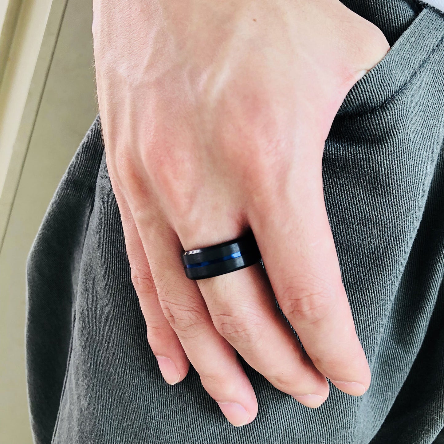 Men's Trendy Jewelry Titanium Steel Groove Blue Rings