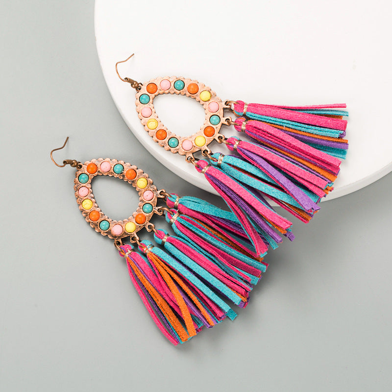 Alloy Inlaid Turquoise Exaggerated Leather Tassel Earrings