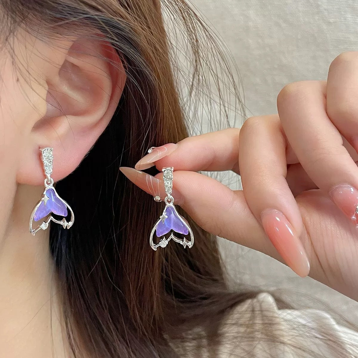 Sier Needle Butterfly Elegant Mermaid Tail Earrings
