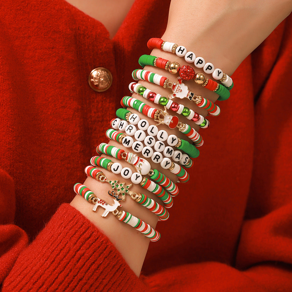 Red Green Christmas Letter Polymer Clay Bracelets